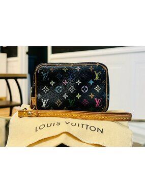 AUTHENTICATED! Louis Vuitton Takashi Murakami Black Multicolor Wapity Case Pouch